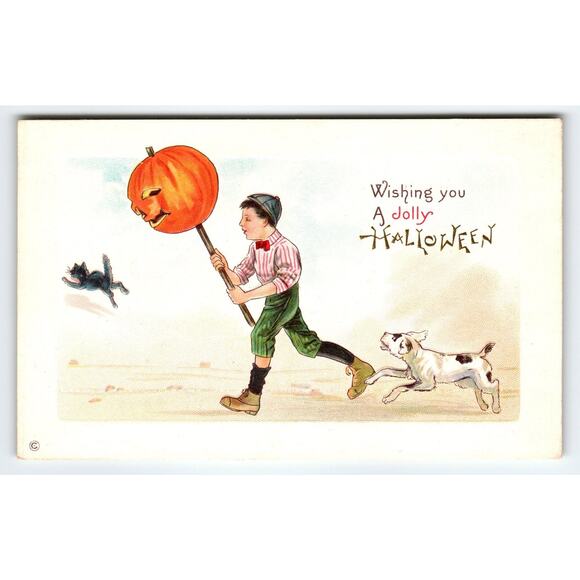 Vintage Halloween Postcard Boy with Pumpkin Mask & Dog Divided Back - Picture 1 of 2
